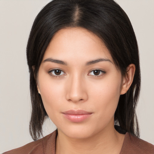 Neutral asian young-adult female with medium  black hair and brown eyes