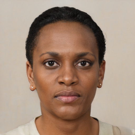 Neutral black young-adult female with short  black hair and brown eyes