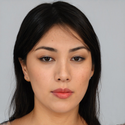 Neutral asian young-adult female with long  black hair and brown eyes