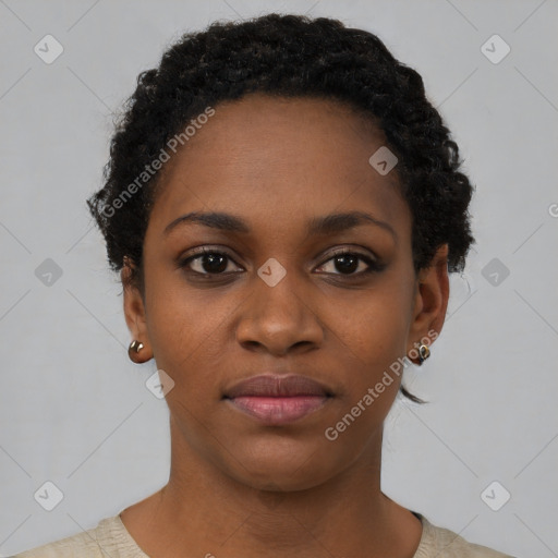 Neutral black young-adult female with short  black hair and brown eyes