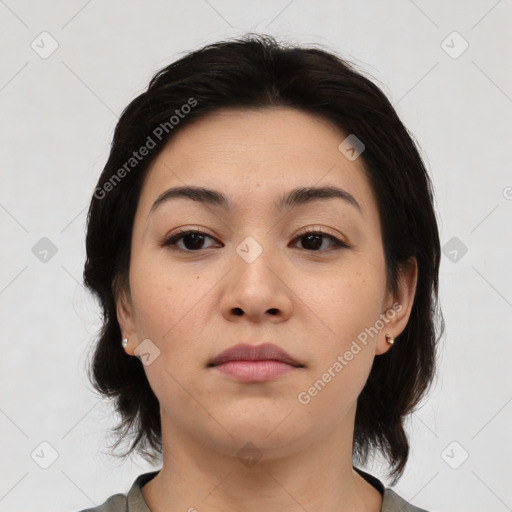 Neutral asian young-adult female with medium  brown hair and brown eyes