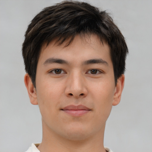 Neutral asian young-adult male with short  brown hair and brown eyes