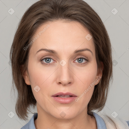 Neutral white young-adult female with medium  brown hair and grey eyes