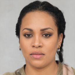 Neutral latino young-adult female with short  black hair and brown eyes