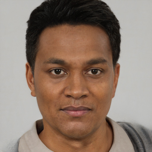 Joyful latino young-adult male with short  black hair and brown eyes