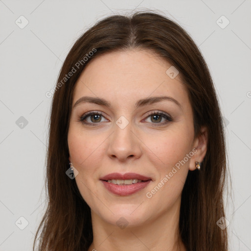 Joyful white young-adult female with long  brown hair and grey eyes