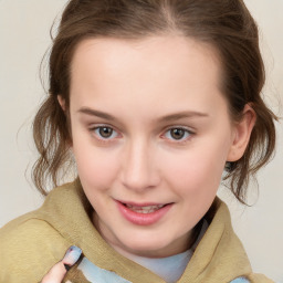 Joyful white child female with medium  brown hair and blue eyes