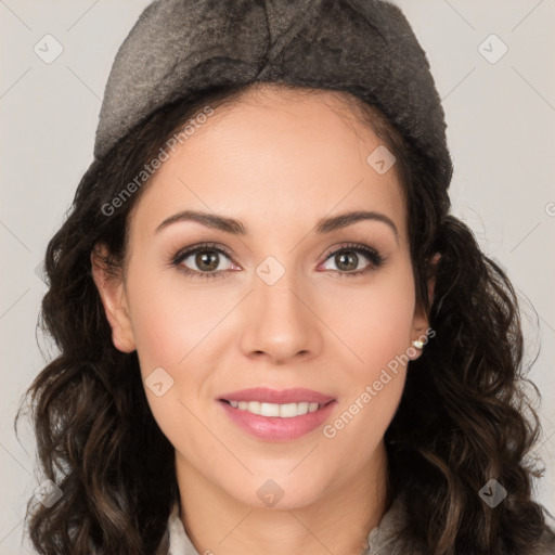 Joyful white young-adult female with long  brown hair and brown eyes