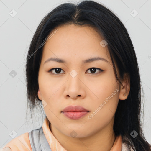 Neutral asian young-adult female with long  brown hair and brown eyes