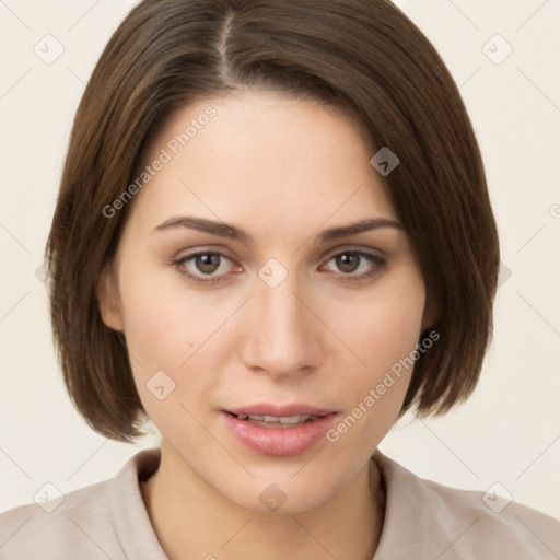 Neutral white young-adult female with medium  brown hair and brown eyes