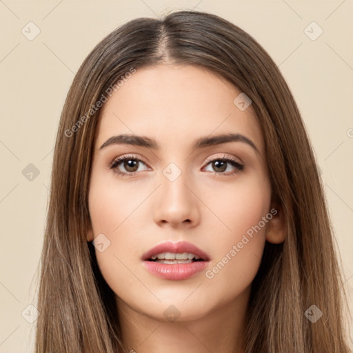 Neutral white young-adult female with long  brown hair and brown eyes