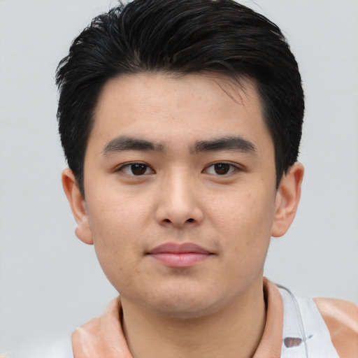 Neutral asian young-adult male with short  brown hair and brown eyes