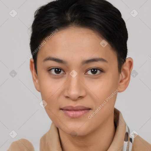 Joyful asian young-adult female with short  brown hair and brown eyes