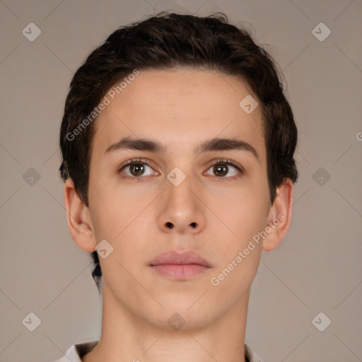 Neutral white young-adult male with short  brown hair and brown eyes