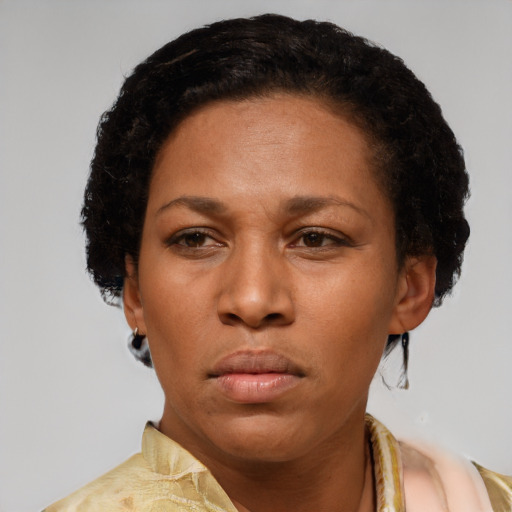Neutral latino adult female with short  brown hair and brown eyes