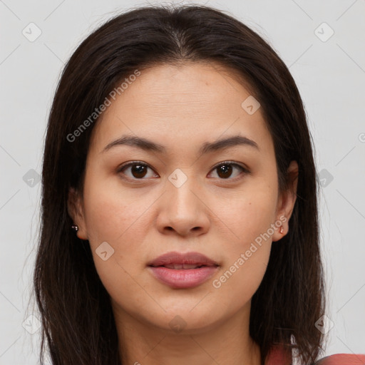 Joyful white young-adult female with long  brown hair and brown eyes