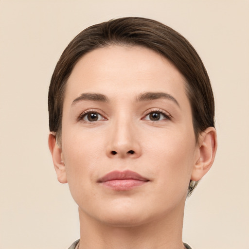 Neutral white young-adult female with short  brown hair and brown eyes