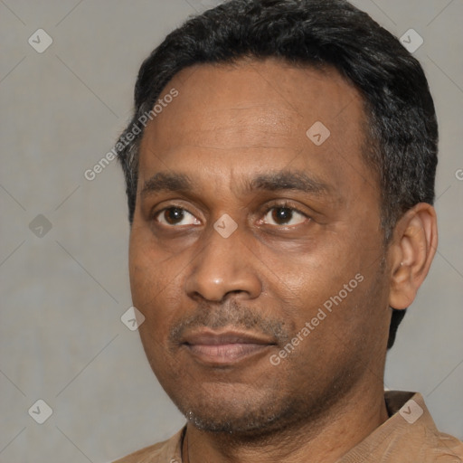 Neutral black adult male with short  black hair and brown eyes