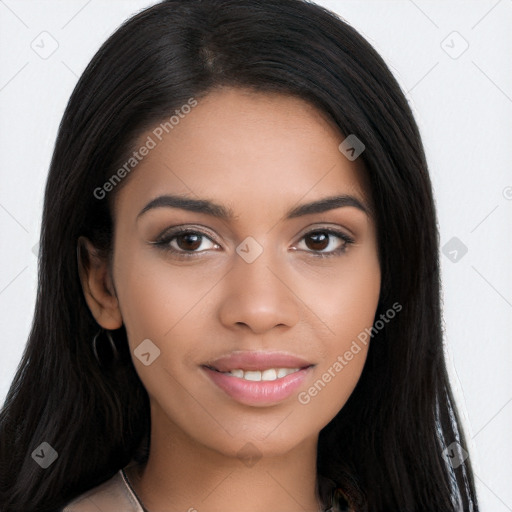 Joyful latino young-adult female with long  black hair and brown eyes