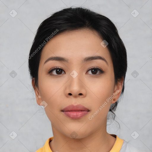 Neutral asian young-adult female with short  black hair and brown eyes