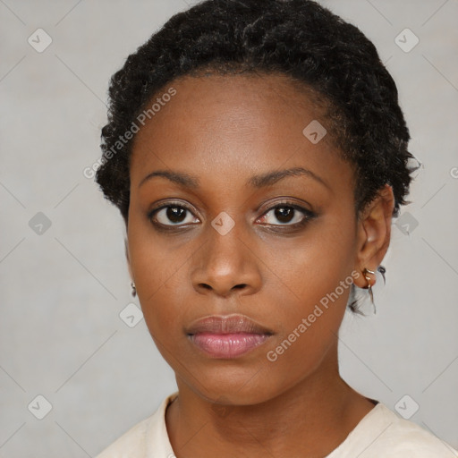 Neutral black young-adult female with short  black hair and brown eyes