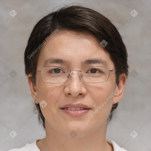 Joyful white adult female with medium  brown hair and brown eyes