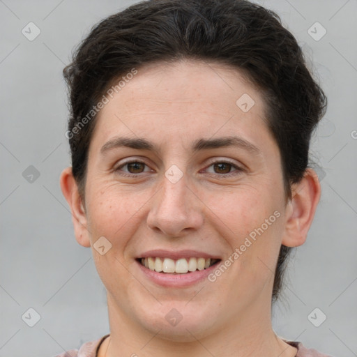 Joyful white young-adult female with short  brown hair and brown eyes