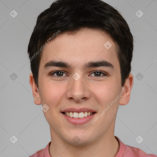 Joyful white young-adult male with short  brown hair and brown eyes