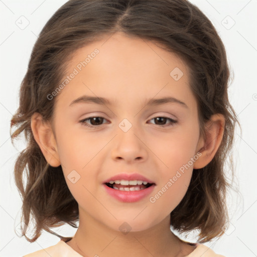 Joyful white child female with medium  brown hair and brown eyes