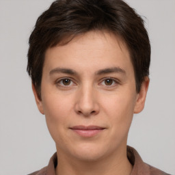 Neutral white young-adult female with short  brown hair and brown eyes