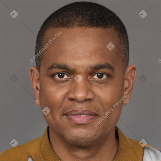 Joyful black young-adult male with short  brown hair and brown eyes