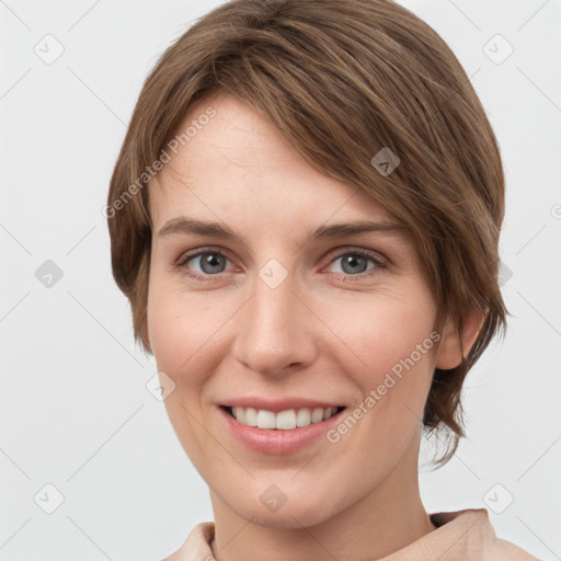 Joyful white young-adult female with medium  brown hair and grey eyes