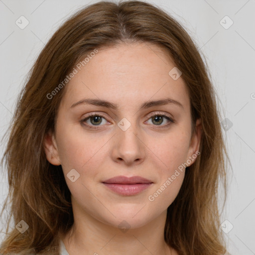 Joyful white young-adult female with long  brown hair and green eyes