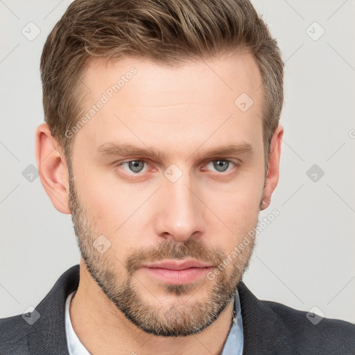 Neutral white young-adult male with short  brown hair and grey eyes