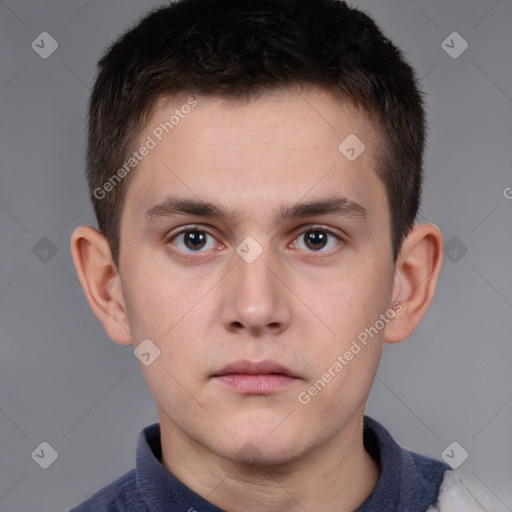 Neutral white young-adult male with short  brown hair and brown eyes