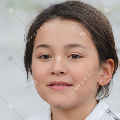 Joyful white child female with medium  brown hair and brown eyes