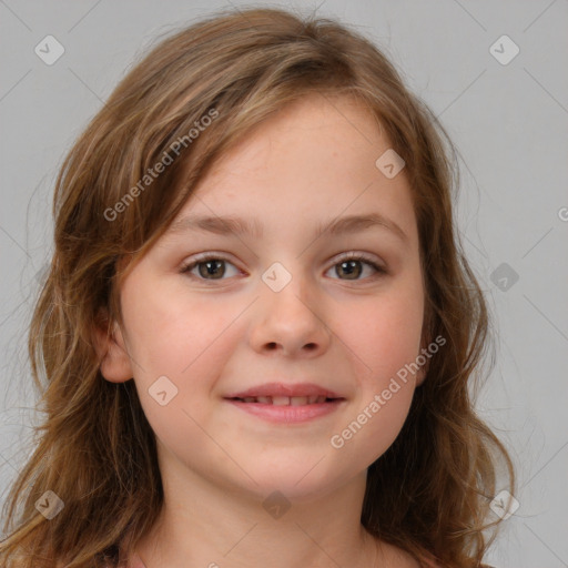 Joyful white child female with medium  brown hair and blue eyes