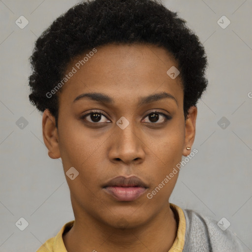 Neutral black young-adult female with short  brown hair and brown eyes