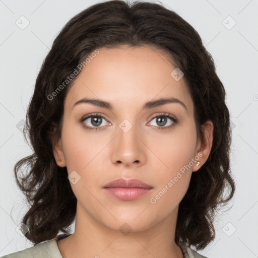 Neutral white young-adult female with medium  brown hair and brown eyes