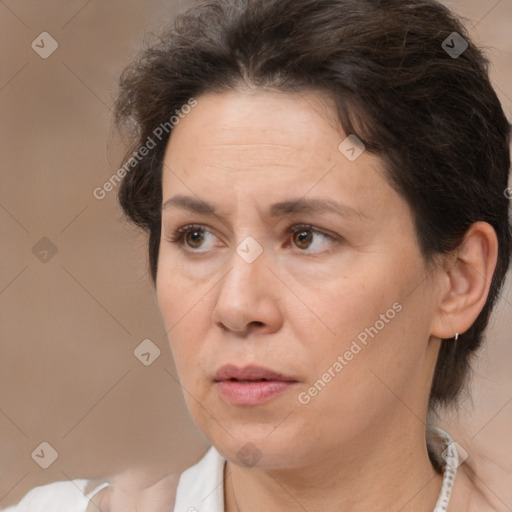 Neutral white adult female with medium  brown hair and brown eyes