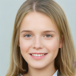 Joyful white young-adult female with long  brown hair and blue eyes