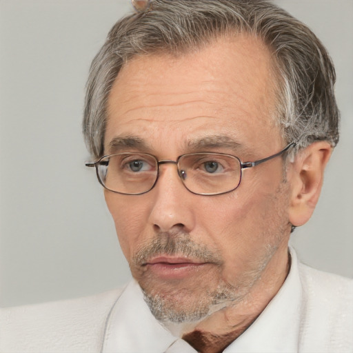 Neutral white middle-aged male with short  gray hair and brown eyes