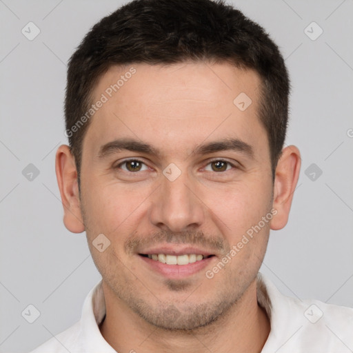 Joyful white young-adult male with short  brown hair and brown eyes