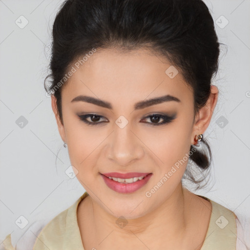 Joyful latino young-adult female with medium  brown hair and brown eyes