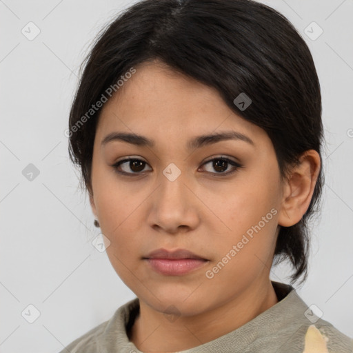 Neutral asian young-adult female with medium  brown hair and brown eyes