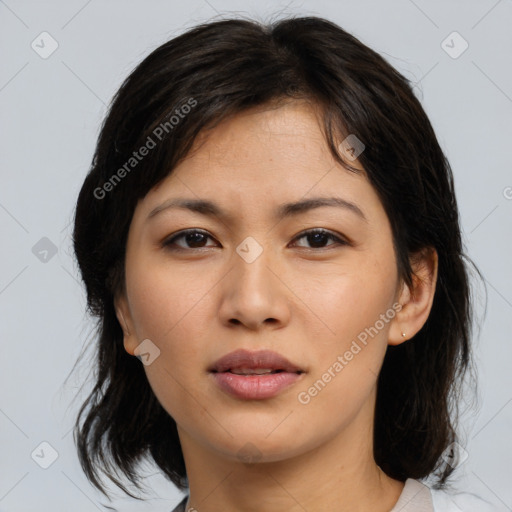 Neutral asian young-adult female with medium  brown hair and brown eyes