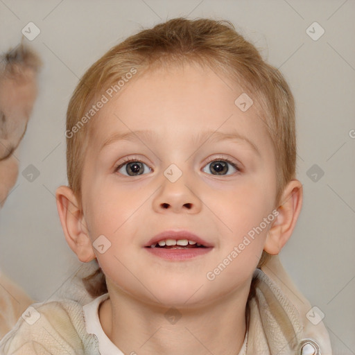 Joyful white child female with short  brown hair and brown eyes