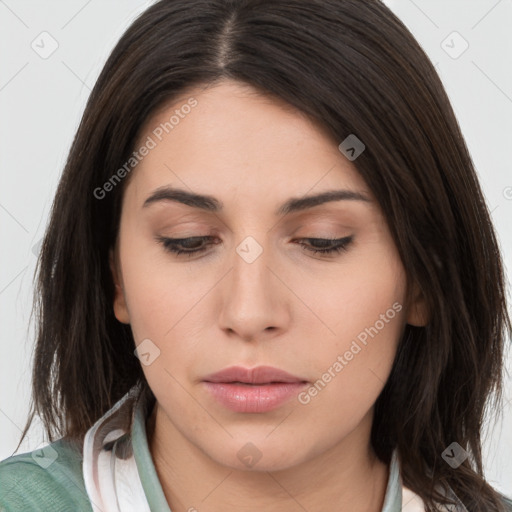 Neutral white young-adult female with medium  brown hair and brown eyes