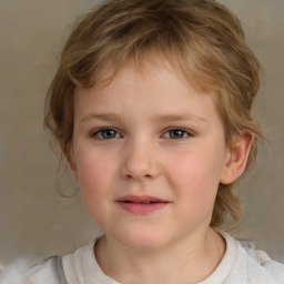 Neutral white child female with medium  brown hair and grey eyes