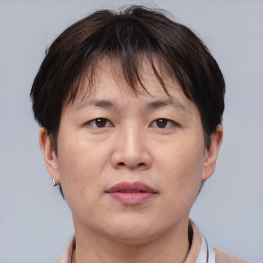 Neutral asian adult female with short  brown hair and brown eyes